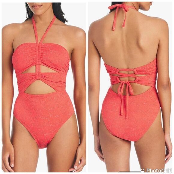 NWT Jessica Simpson  Standard Ruched Front Halter Neck One Piece Swimsuit - Picture 1 of 12